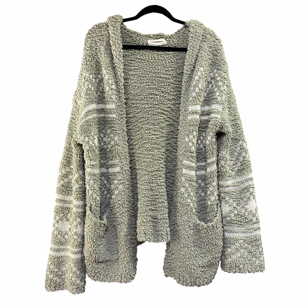 June & Hudson Textured Hooded Aztec Print Open Cardigan in Sage Size XL